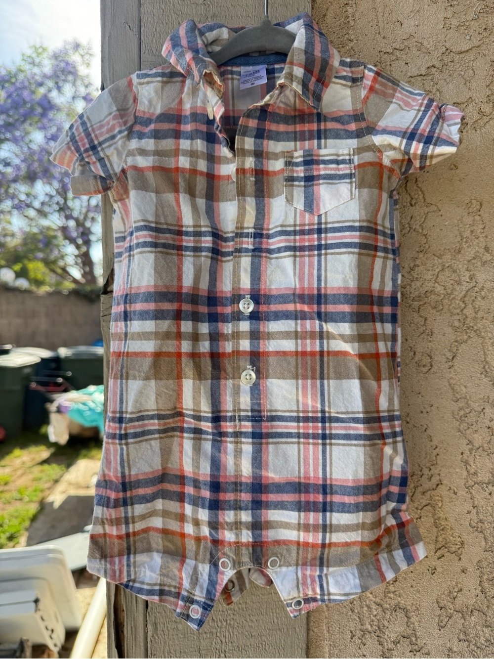 Carter's Short-Sleeve Plaid Button Romper - White, Blue & Orange